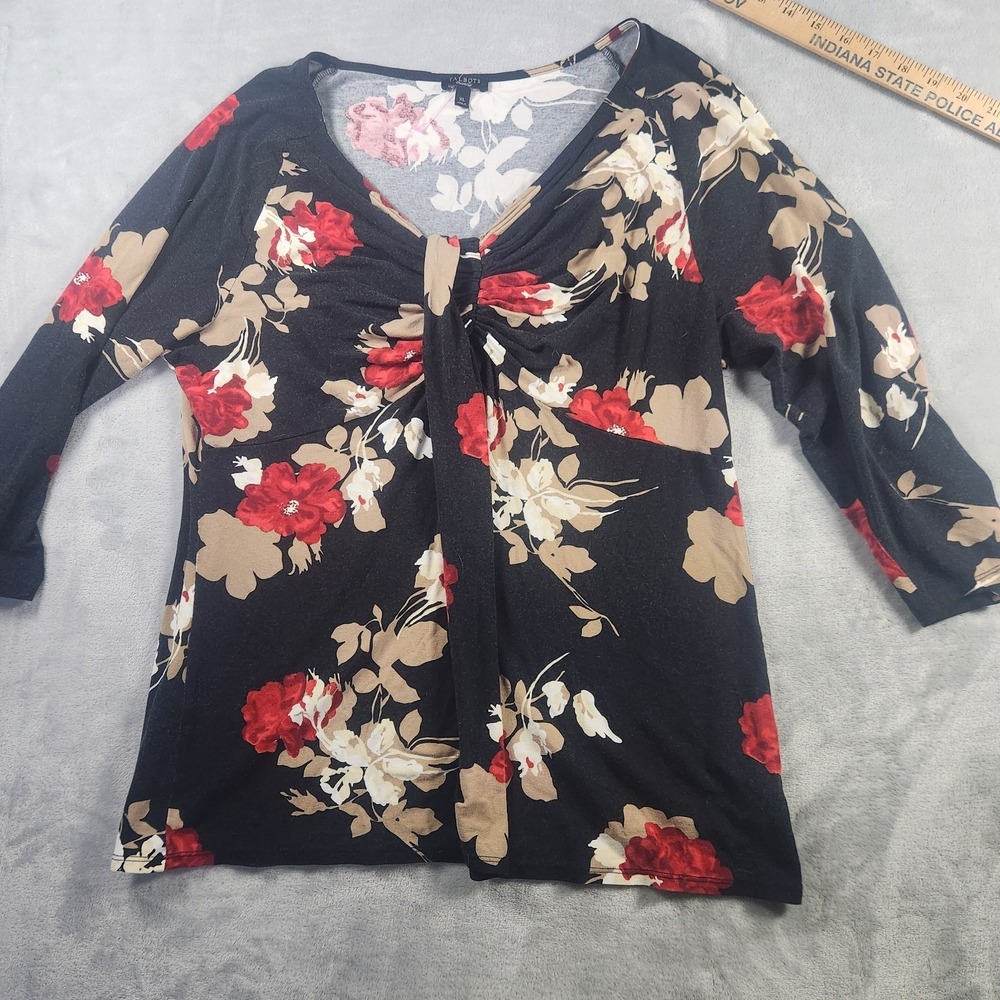 Talbots Black Red Floral Print‎ V-Neck 3/4-Sleeve Stretch Blouse XL